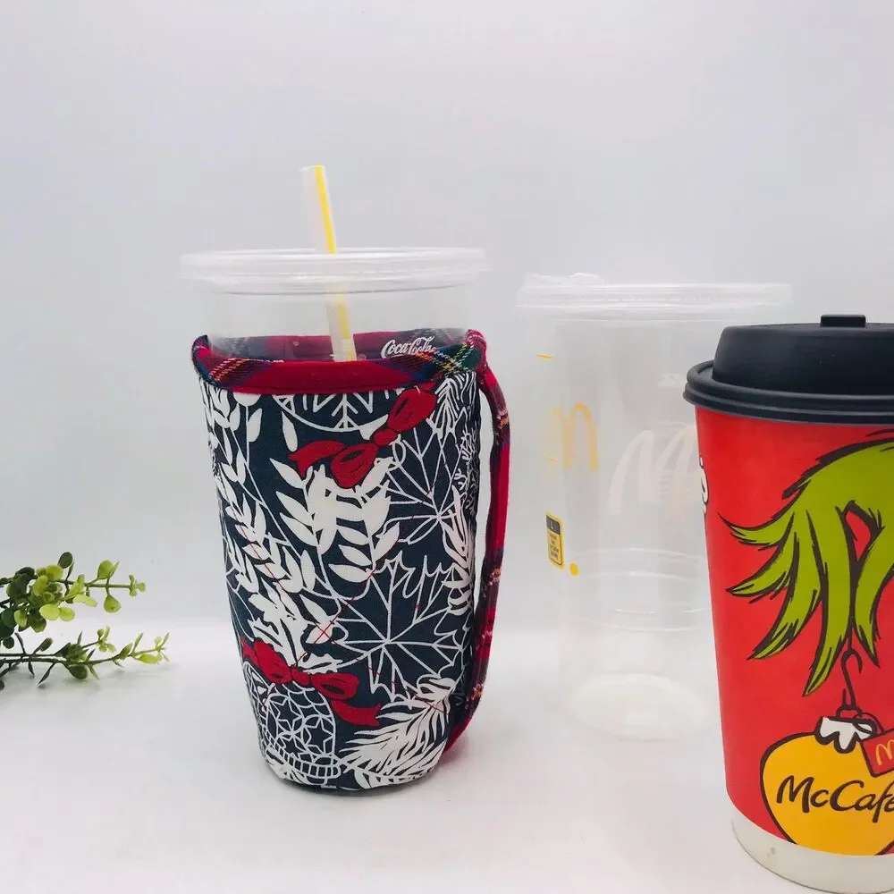 Drink Coozie w Handle Hot Cold Insulated Christmas Navy, Red, Plaid, Pinecones